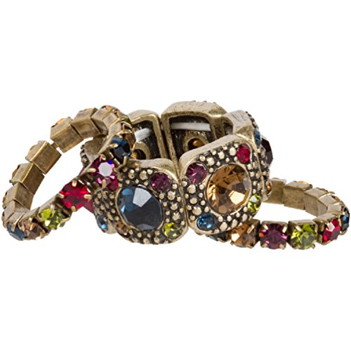 Heirloom Finds Multi Color Crystal Jewel Antique Gold Tone Stretch Ring Trio