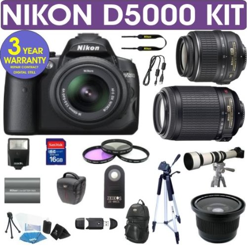 Nikon D5100 16.2MP Digital Camera + Nikon 18-55mm VR Lens + Nikon 55-200mm VR Lens + .40x Wide Angle Fisheye Lens + 650-1300mm Zoom Lens + 3 Year Celltime Warranty