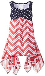Girls Shirred Chevron Print Dots Print Cotton/Spandex  Dress