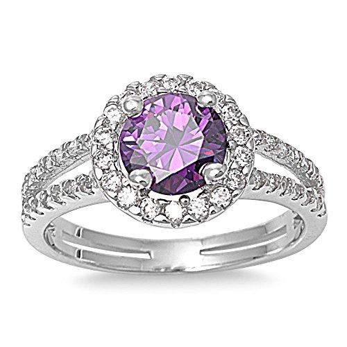 Sterling Silver Simulated Purple Amethyst Halo Ring (Size 5 - 10)