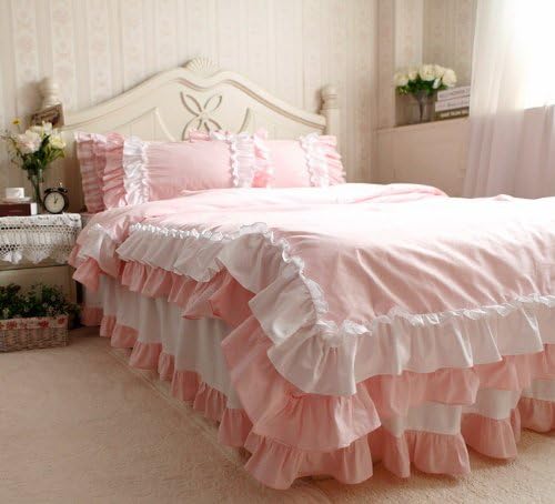 4pcs Shabby and Vintage Style Pink & White Ruffle with Lace Cotton Duvet Cover Set201457 (Full)