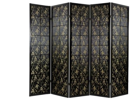5 Panel - 6ft. Feng Shui Black Sateen Fabric Screen Room Divider w/ Chinese Calligraphy