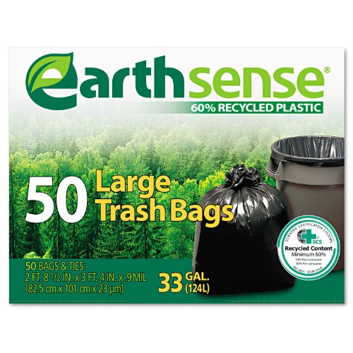 Earthsense Recycled Can Liners, 33 Gallons, Black, 50 Bags/Box (GES6TL50)