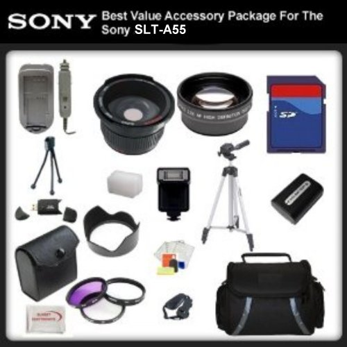 Best Value Attachment Package For Sony SLT-A55 includes: 16GB Hi Go hell for leather Error Free Memory Card, Hi Scramble Card Reader, Extended Battery & Charger, Distinct Flower lens Hood, 0.5x Mistress Wide Angle Lens , 2X Telephoto Lens, 50 Inch tripod,