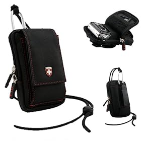 The Swiss BLACK WITH RED STITCHING Slim Protective Durable Nylon Sleeve Carrying Case with Adjustable Belt Clip and Lanyard For Fujifilm FinePix JX420 JZ500 REAL 3D W3 T200 T300 XP20 XP30 Z90 Z800EXR Z900EXR Point and Shoot Digital Camera + Includes eBigValue Determination Hand Strap Key Chain
