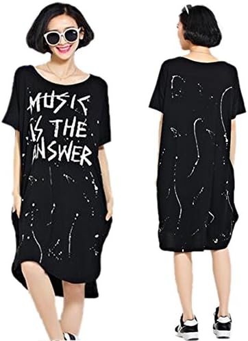 Womens Oversized Round Neck T-shirt Music Is The Answer Turn Up TOP (Black)