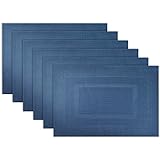 DII Everyday, Easy to Clean Indoor/Outdoor Woven Vinyl Double Border Placemats, 13x18", Nautical Blue - Set of 6