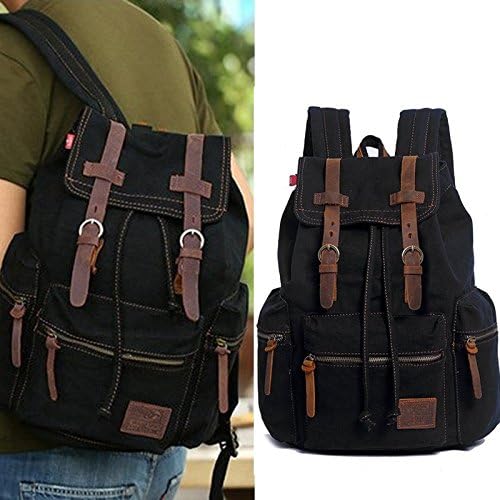 Homlove Vintage Men Casual Canvas Leather Backpack Rucksack Bookbag Satchel Hiking Bag (Black)