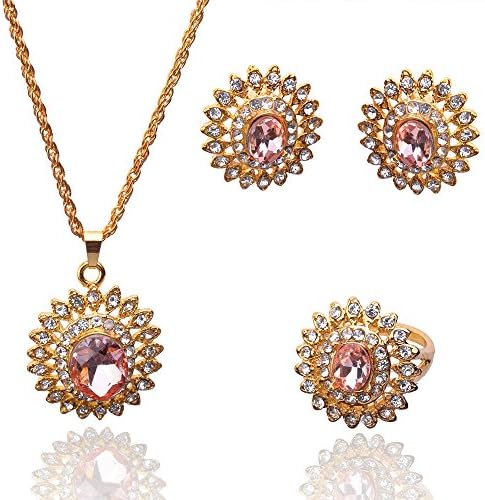 Julycoffee 18k Gold Plated Flower Oval Pink Crystal Necklace Earrings Ring Jewelry Set for Women Girls