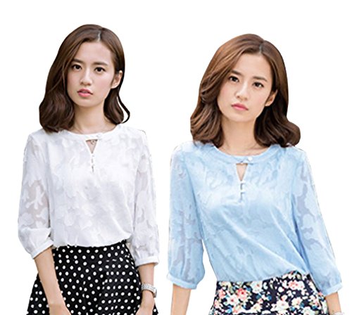 【ARINCO】 清楚 エレガント フラワー 花 デザイン フェミニン ブラウス カットソー レディース ホワイト ブルー 4サイズ