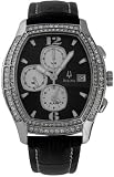 Bulova Crystal Steel Chronograph Black Leather Mens Watch 96B001