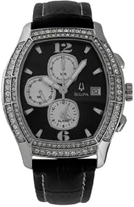 Bulova Crystal Steel Chronograph Black Leather Mens Watch 96B001