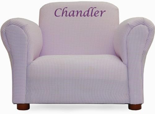 Little-Furniture Upholstered Personalized Kids Mini Chair Gingham thread color: hot pink, purple, green or white, Font: Block, color: lavender gingham