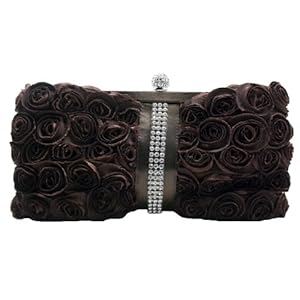 Brown Sophisticated Clutch Evening Purse with Rhinestone and Satin Rose Detail