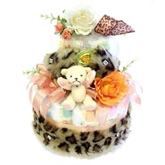 お洒落なファー！ヒョウ柄テディベアおむつケーキ【シャーベットピンク・リボン】華やか2段型オムツケーキ。冬のあたたか-フワフワあたたかファーリボンとくまちゃんが飾られた出産御祝いダイパーケーキ