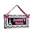 Personalized Eiffel Tower Paris Themed Teenagers Bedroom Door Plaque, Hot Pink with White Damask Pattern