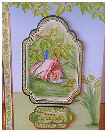 HANDMADE CARD WITH BOY IN TENT DESIGN. GARDENING OUTDOOR THEME. VINTAGE STYLE CARD