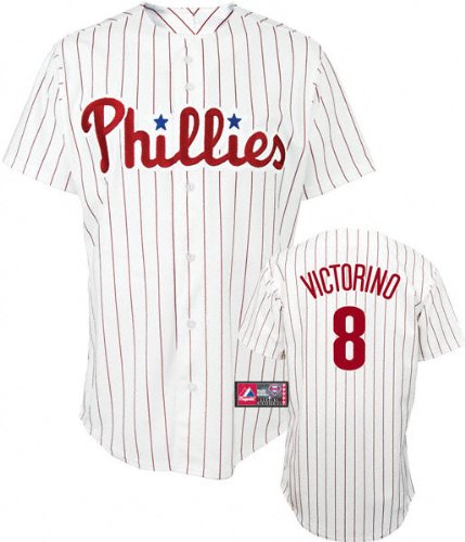 MLB Youth Philadelphia Phillies Shane Victorino White/Scarlet Pinstrp Short Sleeve 6 Button Synthetic Replica Baseball Jersey Fall 2011  (White/Scarlet Pinstrp, Small)