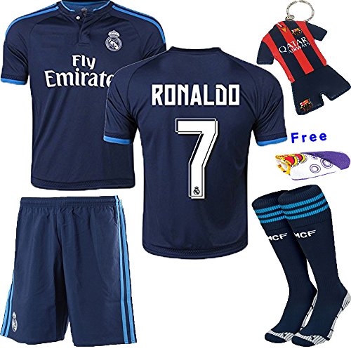 Barcelona Kids Jersey 2015/2016 #7 Away Blue Soccer Real Madrid Football Jersey Sportswear & Socks & Free Key Chain & Free Face cloth Kids 3-14 Years