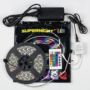 SUPERNIGHT (TM) 16.4ft 5M Waterproof Flexible 300leds Color Changing RGB SMD5050 LED Light Strip Kit RGB 5M +24Key Remote+12V Power Supply