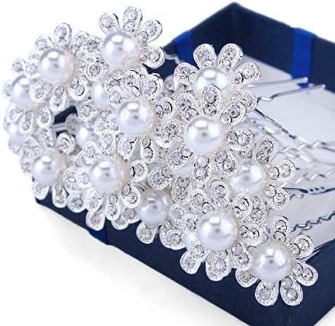 FUMUD Bridal Wedding Prom Faux Small Pearl Rhinestone Crystal Flower Hair Styling U Pins -10/20 Pins in the Box (10pcs)