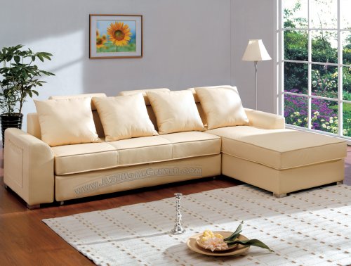 Beige Leather Contemporary Sectional Sofa Sleeper