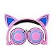 Cat Ear Headphones with Glowing Lights for Girls, IPRO Wired Gaming Folding LED Anime Over-Ear Headsets with Flashing Ears for Computer, Tablet, Phones, MP3, MP4, etc - Pink