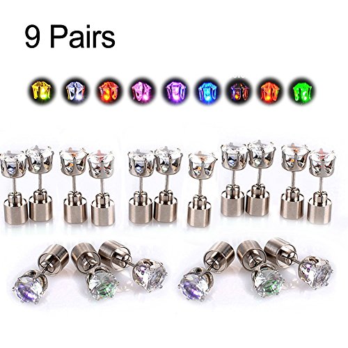 Ayamaya 9 Pairs Light up LED Earrings Studs Flashing Blinking Ear Studs Dance Party Unisex for Men Women