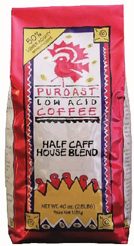 Puroast Low Acid Coffee Low Acid Half Caff House Blend Grind Whole Bean, 2.5-Pound Bags