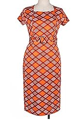 Plaid Print Short Sleeves Belted Square Neck Bodycon Dress 