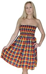 Strapless Short Checkered Print Cotton Shirred Gathered Maxi Dress 