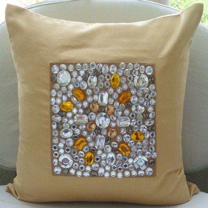 Crystals - 24x24 Inches Large Decorative Pillow Covers - Gold Suede Pillow Cover with Crystals
