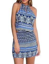 Sexy Halter Sleeveless General Print Backless Vintage Polyester/Spandex Summer Above the Knee Romper/Jumpsuit 