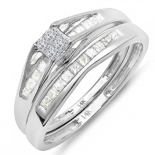14k White Gold Princess Diamond Ladies Bridal Ring Engagement Matching Band Set 1/2 CT (0.50 cttw, F-G-H Color, SI-I Clarity)