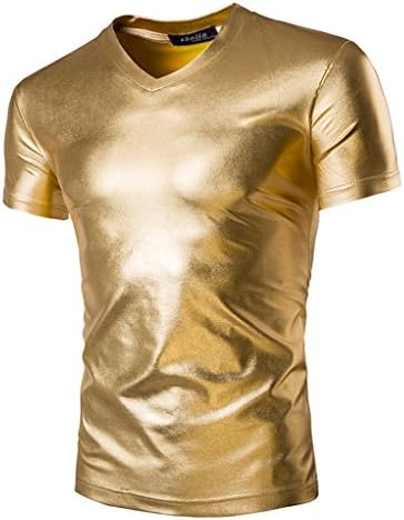 Thiness Mens Metallic V-Neck T-shirts with Short Sleeve Gold Black Silver, Gold, Large