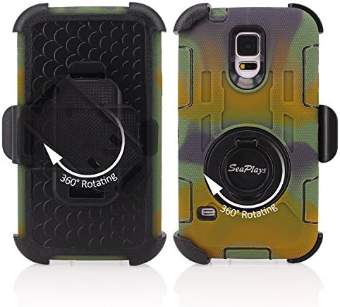 Galaxy S5 Case, S5 Case, Seaplays Shockproof Hybrid Rugged Samsung Galaxy S5 Case Rubber Three Layer Holster Cover Case for Samsung Galaxy S5 with Built-in Rotating Stand and Belt Swivel Clip (Camouflage)