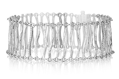 14 Karat White Gold Matte-Finish Hand-Crafted Designer Bracelet, Enhanced with Pave Set Curved Diamond Links.