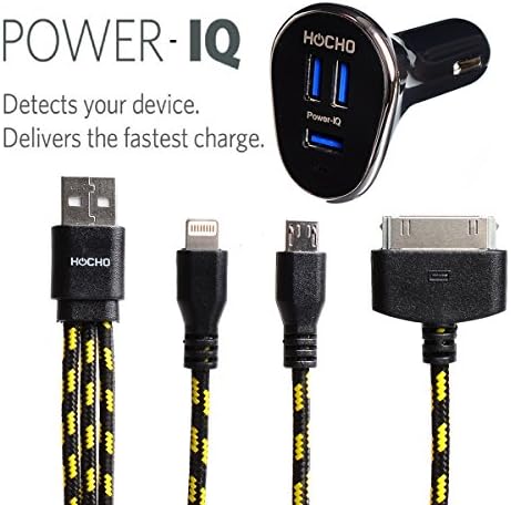HOCHO 3-Port (Smart Port) Car Charger(6.6Amp,33W) Pack with 1.31 FT 3 in 1 charging Cable(8 pin lightning + 30 pin + Micro USB) for iPhone 6 / 5s / 5c / 5/4/4s, iPad Air / mini / mini2, iPad 1/2/3/4, Samsung Mobile Phones Galaxy S4, Google Nexus 5, Nokia Lumia 1020, Galaxy S3, Moto G, Samsung GalaxyS3/S5,Note2/3/4, Tab 3, Asus Google Nexus 7 7-inch, Sony Xperia, HTC One And More - Guarantee [18 Months Warranty] (Black)