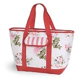 Picnic Time Topanga Rose Large Insulated Shoulder Tote w/ Waterproof Liner & Front Flap Pocket (Red/Rose)