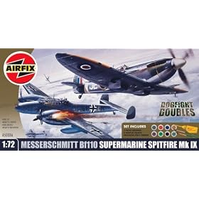 Airfix A50036 1:72 Scale Dogfight Double Messerschmitt Me110 and Supermarine Spitfire MkIX Twin Gift Set Including Paints, Glue and Brushes
