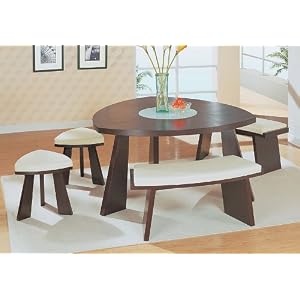 Contemporary Furniture Wenge Wood Triangular Dining Table with Matching Beige Stools and Benches by ModernLineFurniture