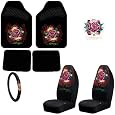 Ed Hardy Dedicated to the One I Love Design Auto Accessories Interior Package - Front & Rear Carpet Floor Mats, Front Bucket Seat Covers, Steering Wheel Cover & Cling Decal