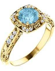 18K Yellow Gold 6.00mm Round Cut Aquamarine and Diamond Ring -- LIFETIME WARRANTY