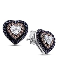 14K White Gold Round Brilliant Cut Black and Chocolate Brown Diamond - Heart Shape Halo Channel Set Studs Earrings with Secure Push Back Closure - (1/2 cttw.)