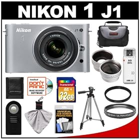 Nikon 1 J1 Digital Camera Body with 10-30mm VR Lens (Silver) with 32GB SD Card + Case + Tripod + Filter + Remote + Wide Angle & Telephoto Lenses + Accessory Kit
