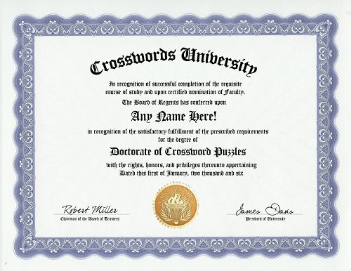 Crossword Puzzle Crosswords Puzzles Degree: Custom Gag Diploma Doctorate Certificate (Funny Customized Joke Gift - Novelty Item)