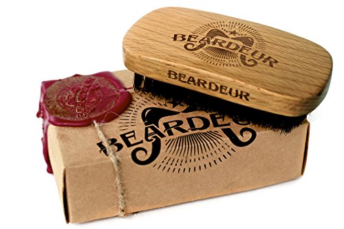 Beard Brush, Best Natural Wooden Hair Brush For Men, 100% Firm Black Wild Boar Bristle, Use with Balm & Beard Oil to Style & Groom, Unique Vintage Packaging, Premium Military Style Palm Brush for Beard Care, Barbers Grooming Tool, Lifetime Guaranteed
