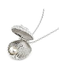 Sterling Silver Seashell CZ and Freshwater Pearl Locket with 16 Inch Adjustable Chain