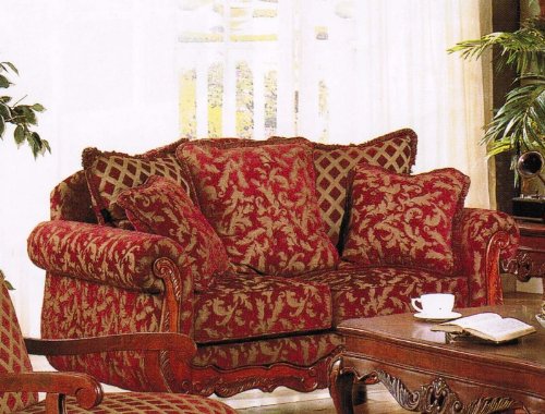 Loveseat Sofa Burgundy & Gold Floral Chenille Fabric