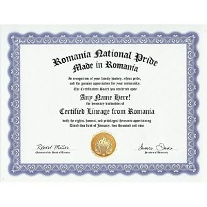 Romania Romanian National Pride Certification: Custom Gag Nationality Family History Genealogy Certificate (Funny Customized Joke Gift – Novelty Item)
